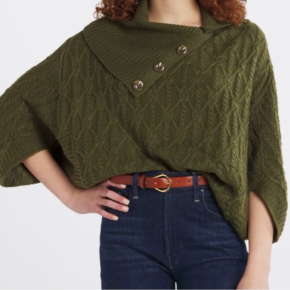 Design History Dark Green Button Detail Poncho Sweater - Size L - EUC
